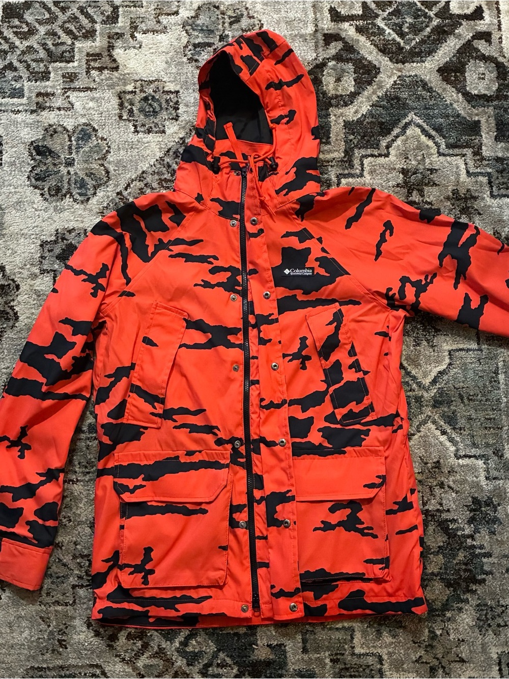 Columbia Bright Orange and Black Camo Hooded Hunting Coat